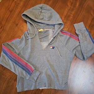 Aviator Nation relaxed cropped hoodie with appliqué rainbow stripes M medium